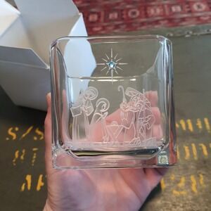 Healy Artisan Glass Etched Nativity Votive Candle Holder Square With Gem Detail